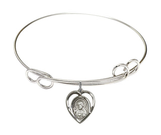 7 1/2 inch Round Double Loop Rhodium Bangle Bracelet with a Sterling Silver Scapular charm.