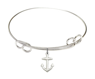 7 1/2 inch Round Double Loop Rhodium Bangle Bracelet with a Sterling Silver Anchor charm.