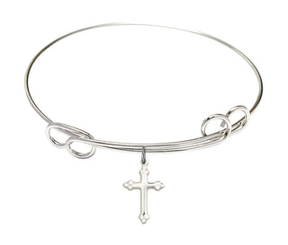 7 1/2 inch Round Double Loop Rhodium Bangle Bracelet with a Sterling Silver Cross Charm charm.