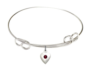 7 1/2 inch Round Double Loop Rhodium Bangle Bracelet with a Sterling Silver Heart charm.
