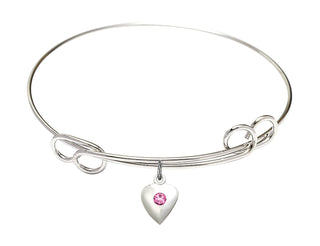 7 1/2 inch Round Double Loop Rhodium Bangle Bracelet with a Sterling Silver Heart charm.