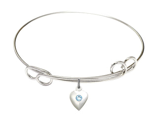 7 1/2 inch Round Double Loop Rhodium Bangle Bracelet with a Sterling Silver Heart charm.