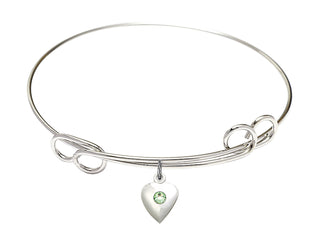 7 1/2 inch Round Double Loop Rhodium Bangle Bracelet with a Sterling Silver Heart charm.