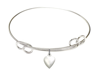 7 1/2 inch Round Double Loop Rhodium Bangle Bracelet with a Sterling Silver Heart charm.
