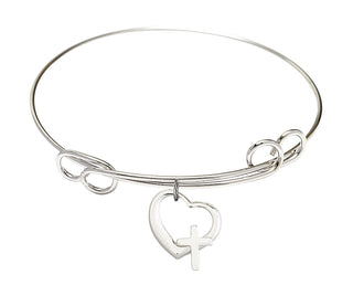 7 1/2 inch Round Double Loop Rhodium Bangle Bracelet with a Sterling Silver Heart / Cross charm.