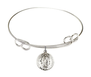 7 1/2 inch Round Double Loop Rhodium Bangle Bracelet with a Sterling Silver Our Lady of Guadalupe charm.