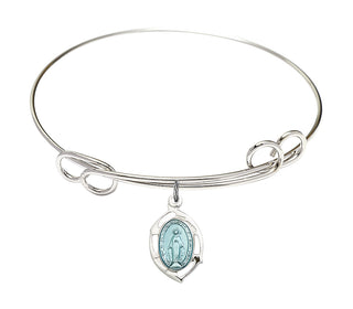 7 1/2 inch Round Double Loop Rhodium Bangle Bracelet with a Sterling Silver Miraculous Leaf charm.