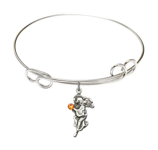 7 1/2 inch Round Double Loop Rhodium Bangle Bracelet with a Sterling Silver Guardian Angel charm.
