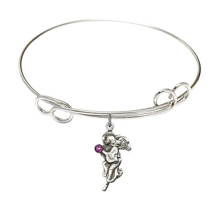 7 1/2 inch Round Double Loop Rhodium Bangle Bracelet with a Sterling Silver Guardian Angel charm.