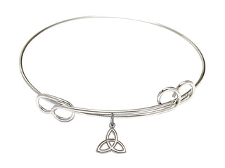 7 1/2 inch Round Double Loop Rhodium Bangle Bracelet with a Sterling Silver Trinity Irish Knot charm.