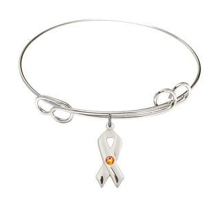 7 1/2 inch Round Double Loop Rhodium Bangle Bracelet with a Sterling Silver Cancer Awareness charm.