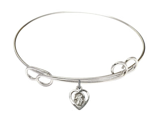 7 1/2 inch Round Double Loop Rhodium Bangle Bracelet with a Sterling Silver Guardian Angel charm. Engraved Catholic Saint Jewelry
