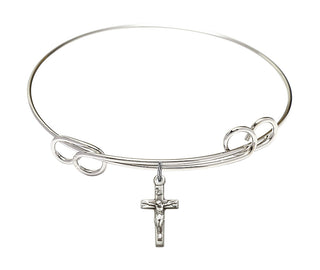 7 1/2 inch Round Double Loop Rhodium Bangle Bracelet with a Sterling Silver Crucifix charm.
