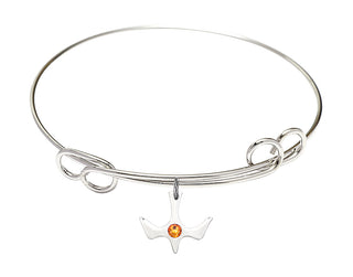7 1/2 inch Round Double Loop Rhodium Bangle Bracelet with a Sterling Silver Holy Spirit charm.