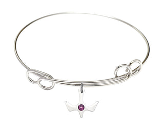 7 1/2 inch Round Double Loop Rhodium Bangle Bracelet with a Sterling Silver Holy Spirit charm.