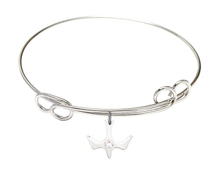 7 1/2 inch Round Double Loop Rhodium Bangle Bracelet with a Sterling Silver Holy Spirit charm.