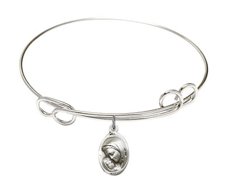 7 1/2 inch Round Double Loop Rhodium Bangle Bracelet with a Sterling Silver Madonna & Child charm.