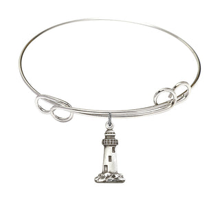 7 1/2 inch Round Double Loop Rhodium Bangle Bracelet with a Sterling Silver Lighthouse charm.