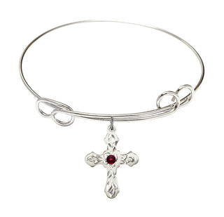 7 1/2 inch Round Double Loop Rhodium Bangle Bracelet with a Sterling Silver Cross charm. Engraved Catholic Saint Jewelry