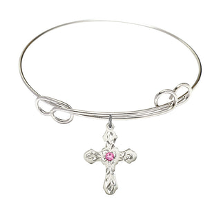 7 1/2 inch Round Double Loop Rhodium Bangle Bracelet with a Sterling Silver Cross charm. Engraved Catholic Saint Jewelry