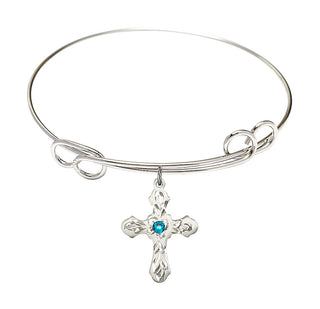 7 1/2 inch Round Double Loop Rhodium Bangle Bracelet with a Sterling Silver Cross charm. Engraved Catholic Saint Jewelry