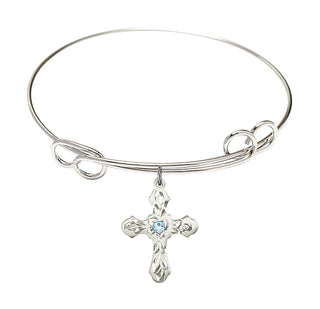 7 1/2 inch Round Double Loop Rhodium Bangle Bracelet with a Sterling Silver Cross charm. Engraved Catholic Saint Jewelry