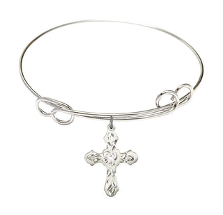 7 1/2 inch Round Double Loop Rhodium Bangle Bracelet with a Sterling Silver Cross charm. Engraved Catholic Saint Jewelry
