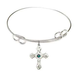 7 1/2 inch Round Double Loop Rhodium Bangle Bracelet with a Sterling Silver Cross charm. Engraved Catholic Saint Jewelry
