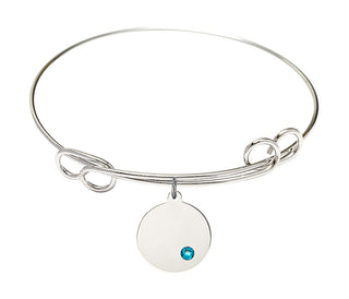 7 1/2 inch Round Double Loop Rhodium Bangle Bracelet with a Sterling Silver Plain Disc charm.