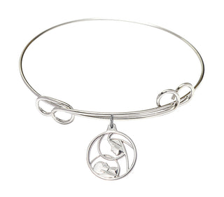7 1/2 inch Round Double Loop Rhodium Bangle Bracelet with a Sterling Silver Madonna and Child charm.