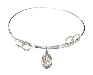 7 1/2 inch Round Double Loop Rhodium Bangle Bracelet with a Sterling Silver Saint Alexander Sauli charm. Engraved Catholic Saint Jewelry