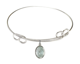 7 1/2 inch Round Double Loop Rhodium Bangle Bracelet with a Sterling Silver Saint Christopher charm. Engraved Catholic Saint Jewelry