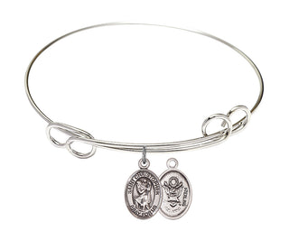7 1/2 inch Round Double Loop Rhodium Bangle Bracelet with a Sterling Silver Saint Christopher / Army charm.