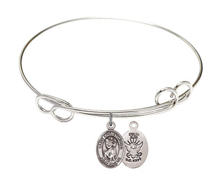 7 1/2 inch Round Double Loop Rhodium Bangle Bracelet with a Sterling Silver Saint Christopher / Navy charm.