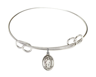 7 1/2 inch Round Double Loop Rhodium Bangle Bracelet with a Sterling Silver Saint Justin charm. Engraved Catholic Saint Jewelry