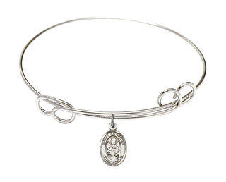 7 1/2 inch Round Double Loop Rhodium Bangle Bracelet with a Sterling Silver Saint Raymond Nonnatus charm. Engraved Catholic Saint Jewelry