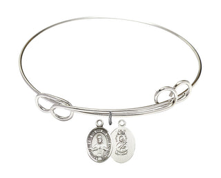 7 1/2 inch Round Double Loop Rhodium Bangle Bracelet with a Sterling Silver Scapular charm. Engraved Catholic Saint Jewelry