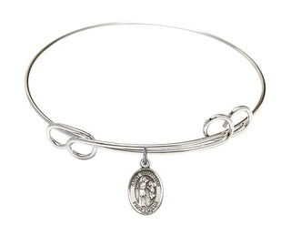 7 1/2 inch Round Double Loop Rhodium Bangle Bracelet with a Sterling Silver Saint Sebastian charm. Engraved Catholic Saint Jewelry