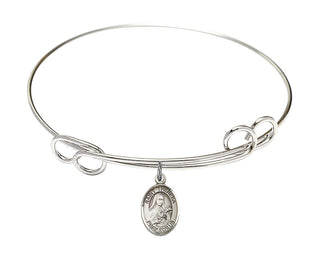 7 1/2 inch Round Double Loop Rhodium Bangle Bracelet with a Sterling Silver Saint Theresa charm. Engraved Catholic Saint Jewelry