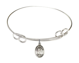 7 1/2 inch Round Double Loop Rhodium Bangle Bracelet with a Sterling Silver Saint Valentine of Rome charm. Engraved Catholic Saint Jewelry