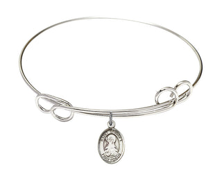 7 1/2 inch Round Double Loop Rhodium Bangle Bracelet with a Sterling Silver Saint Bridget of Sweden charm. Engraved Catholic Saint Jewelry