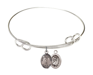7 1/2 inch Round Double Loop Rhodium Bangle Bracelet with a Sterling Silver Saint Christopher/Golf charm.