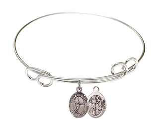 7 1/2 inch Round Double Loop Rhodium Bangle Bracelet with a Sterling Silver Saint Sebastian/Tennis charm.