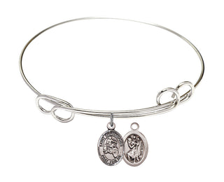 7 1/2 inch Round Double Loop Rhodium Bangle Bracelet with a Sterling Silver Saint Christopher/Motorcycle charm.