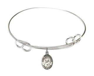 7 1/2 inch Round Double Loop Rhodium Bangle Bracelet with a Sterling Silver Saint John Neumann charm. Engraved Catholic Saint Jewelry