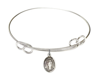 7 1/2 inch Round Double Loop Rhodium Bangle Bracelet with a Sterling Silver Saint Joseph the Worker charm. Engraved Catholic Saint Jewelry