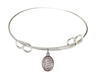 7 1/2 inch Round Double Loop Rhodium Bangle Bracelet with a Sterling Silver San Juan de la Cruz charm. Engraved Catholic Saint Jewelry