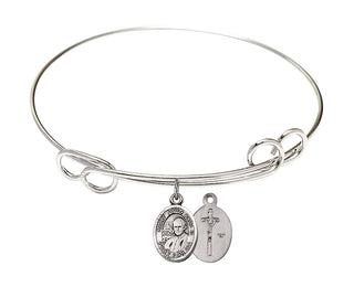 7 1/2 inch Round Double Loop Rhodium Bangle Bracelet with a Sterling Silver Saint John Paul II charm.