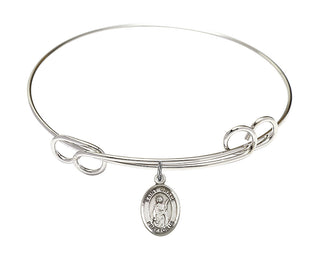 7 1/2 inch Round Double Loop Rhodium Bangle Bracelet with a Sterling Silver Saint Grace charm. Engraved Catholic Saint Jewelry