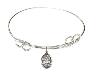 7 1/2 inch Round Double Loop Rhodium Bangle Bracelet with a Sterling Silver Saint Isidore the Farmer charm. Engraved Catholic Saint Jewelry